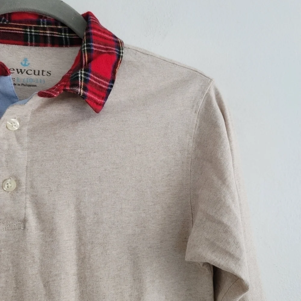 Crewcuts 10/11 Oatmeal Long Sleeve Polo Shirt Red Plaid Collar Christmas Holiday